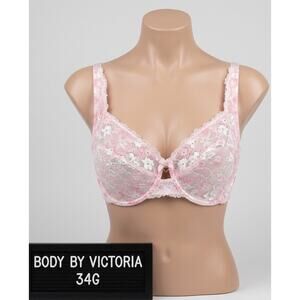 Body By Victoria Secret 34G Bra Pink White Floral Lace Unlined Demi Underwire